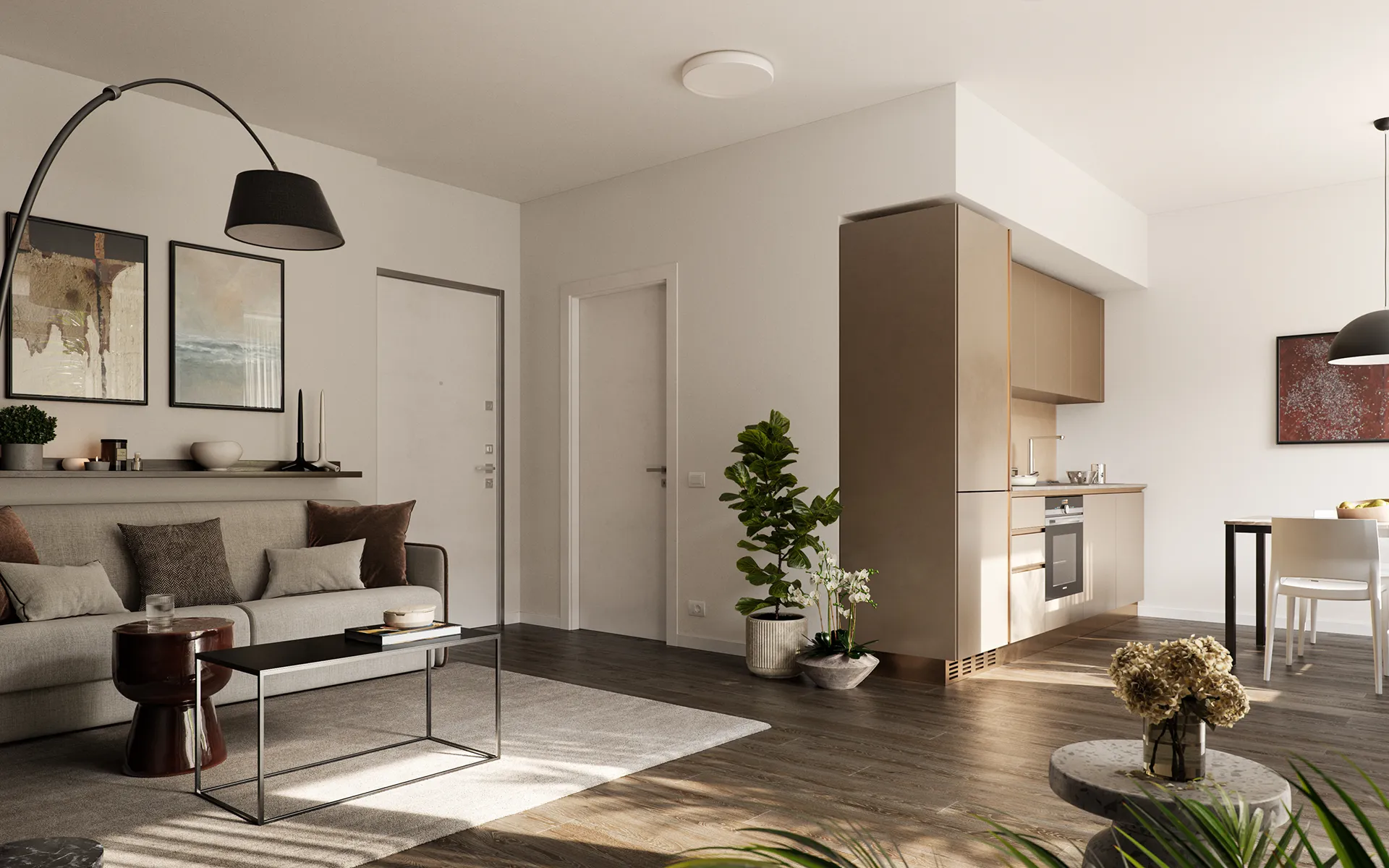 Interno di un appartamento tipo Studio con cucina su misura e arredi funzionali