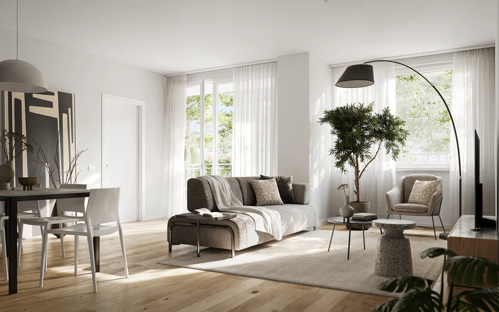 Interni di un bilocale TownLife con cucina, zona pranzo e living