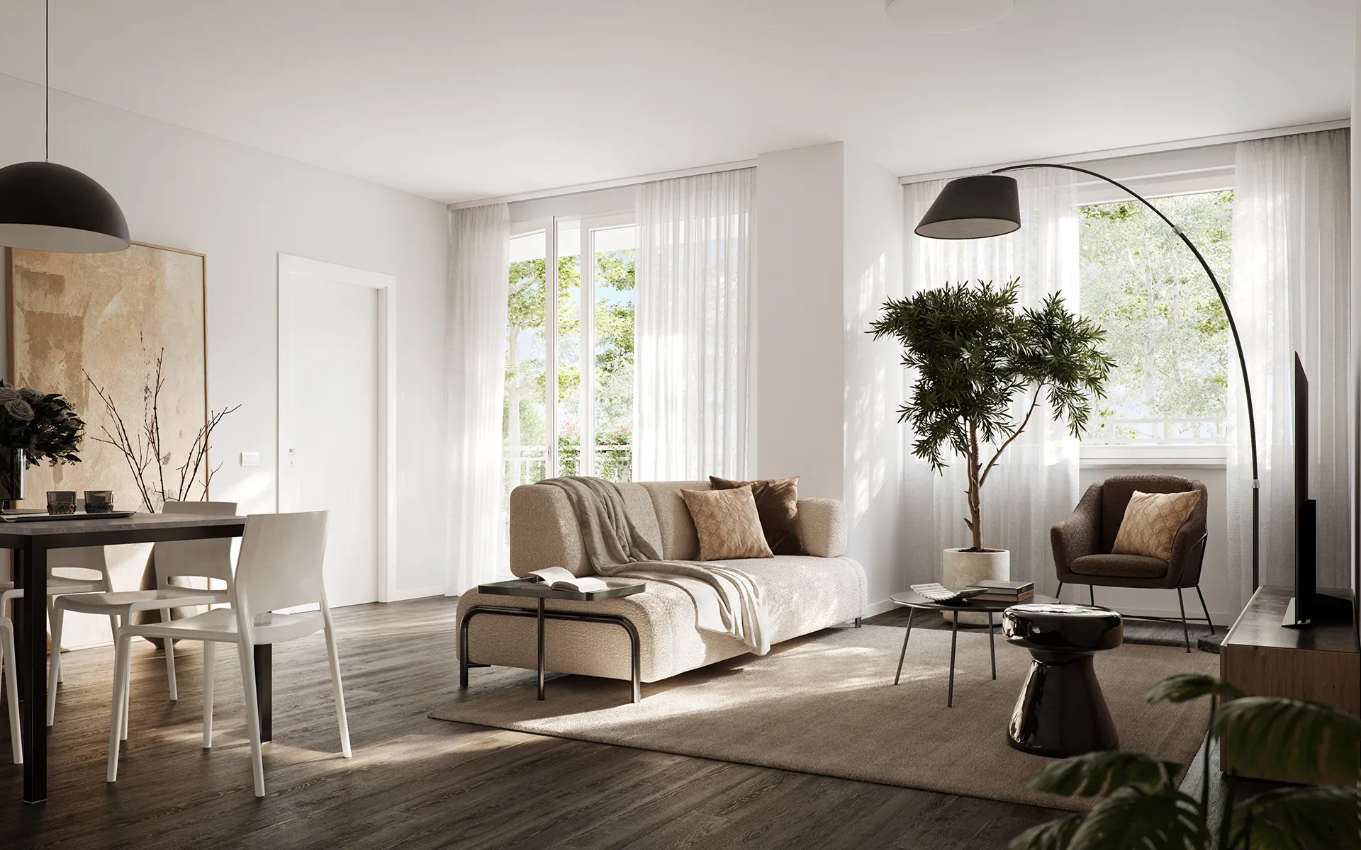 Interni di un bilocale TownLife con cucina, zona pranzo e living