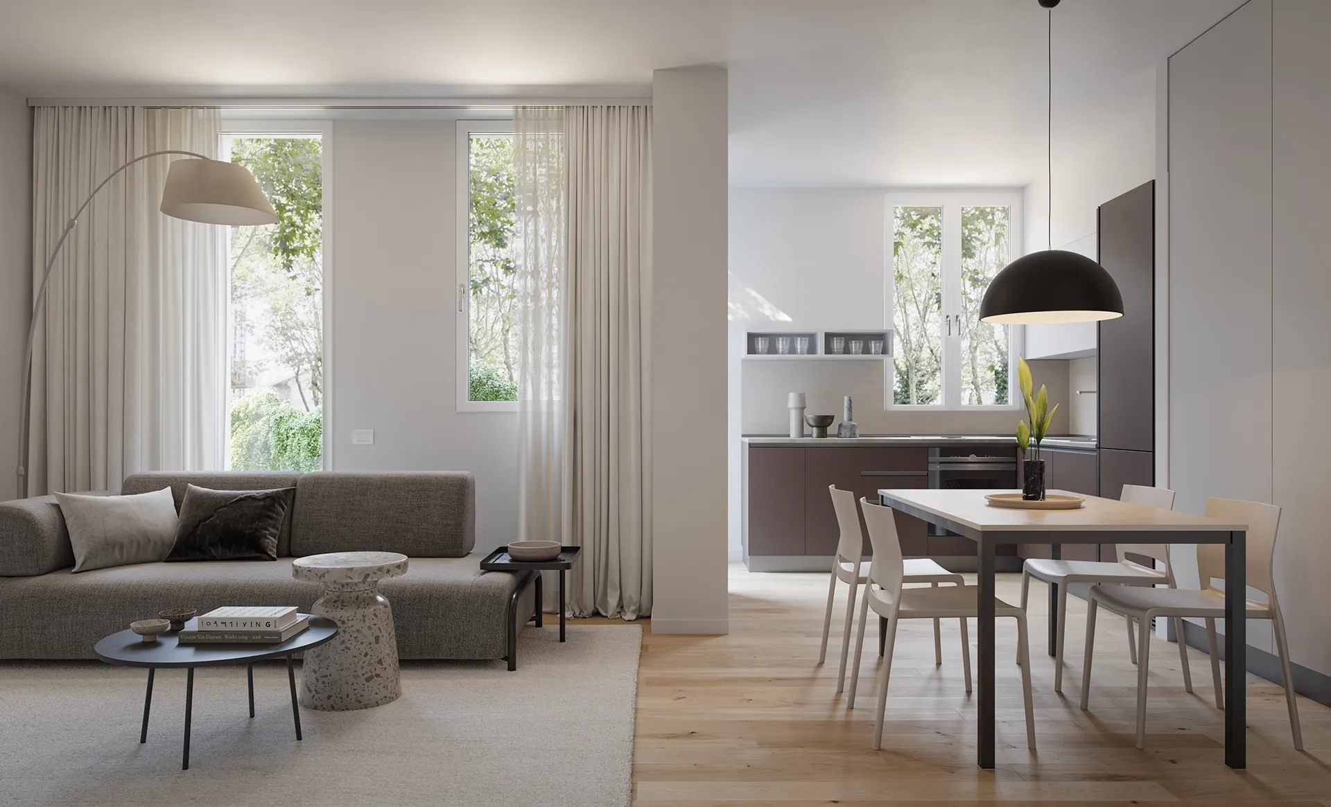 Spazi interni di un trilocale con camere spaziose e cucina a vista