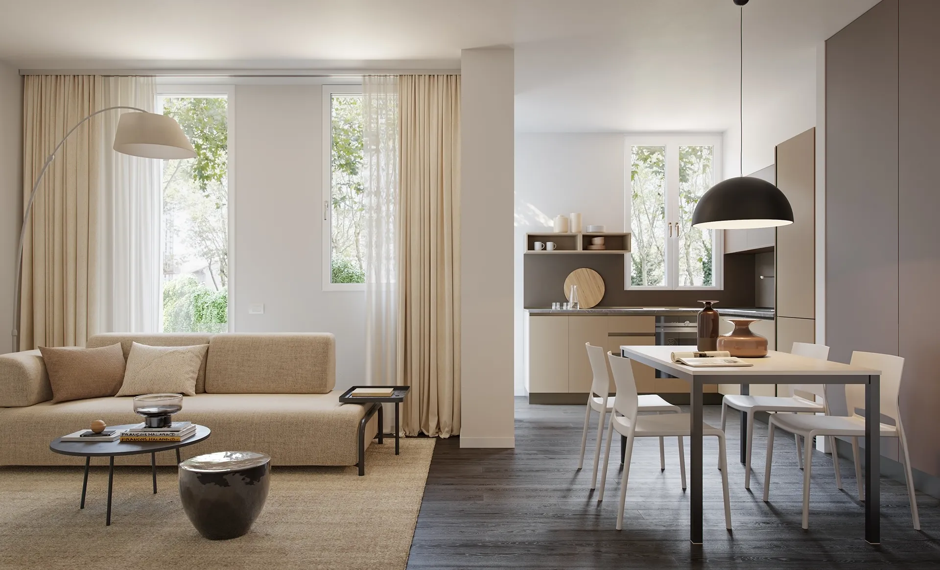 Spazi interni di un trilocale con camere spaziose e cucina a vista